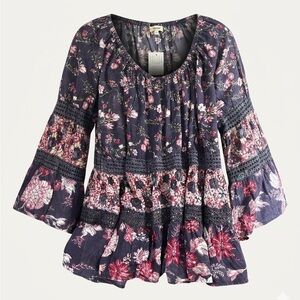Indigo Thread Co. Purple Floral Bell Sleeve Top and Crochet Lace Trim